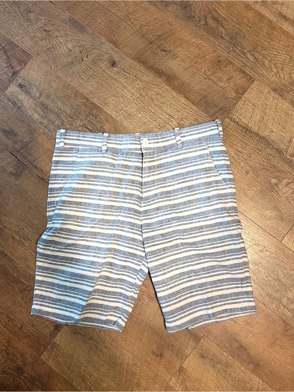Express Men's Blue and White Striped Flat-Front Shorts 33